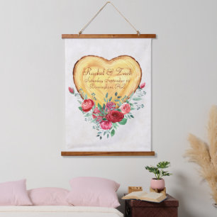Wood heart and roses Country Love   Hanging Tapestry