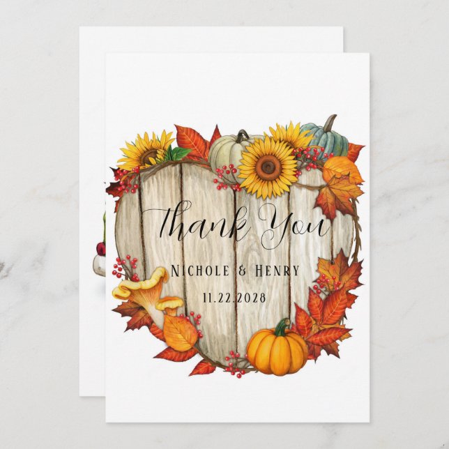 Wood Heart Shape Pumpkin Wedding Thank You Cards (Front/Back)