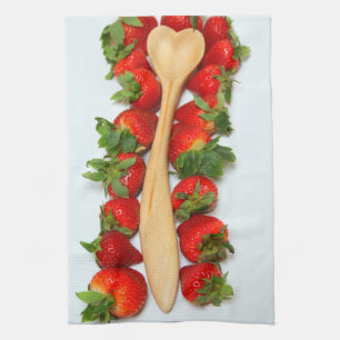 Wood heart Spoon surrounded by Strawberries Towel