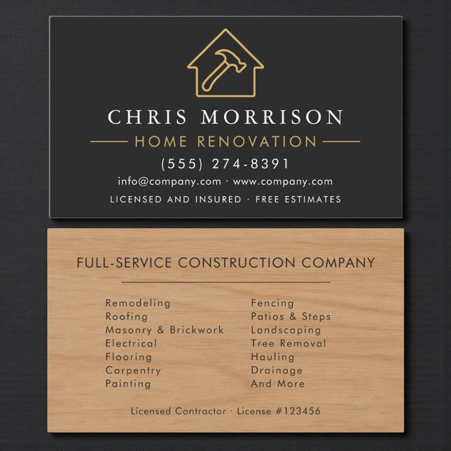 Wood Home Improvement Black Gold QR Code Business Card (Creator Uploaded)