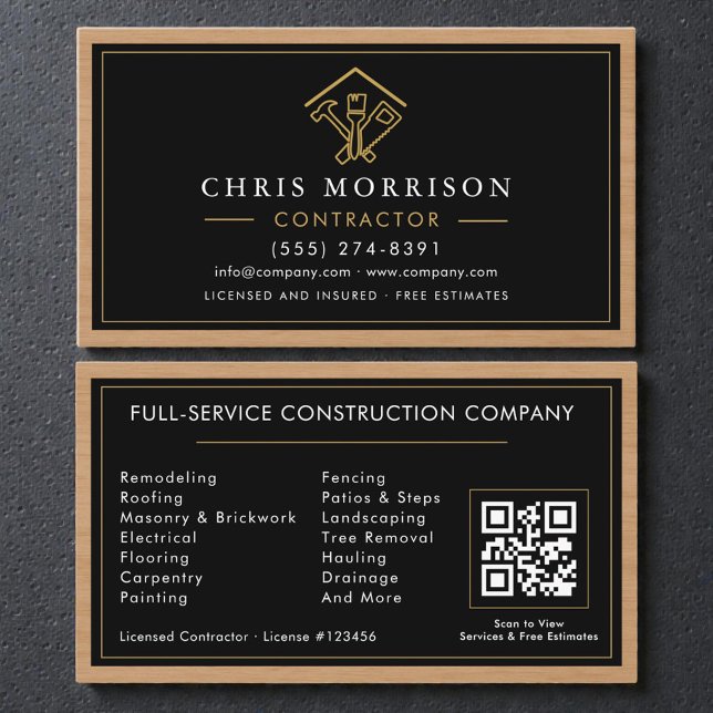 Wood Home Improvement Contractor Black Gold Business Card (Creator Uploaded)