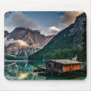 Wood House in Middle of Lake Overlooking Mountains Mouse Pad