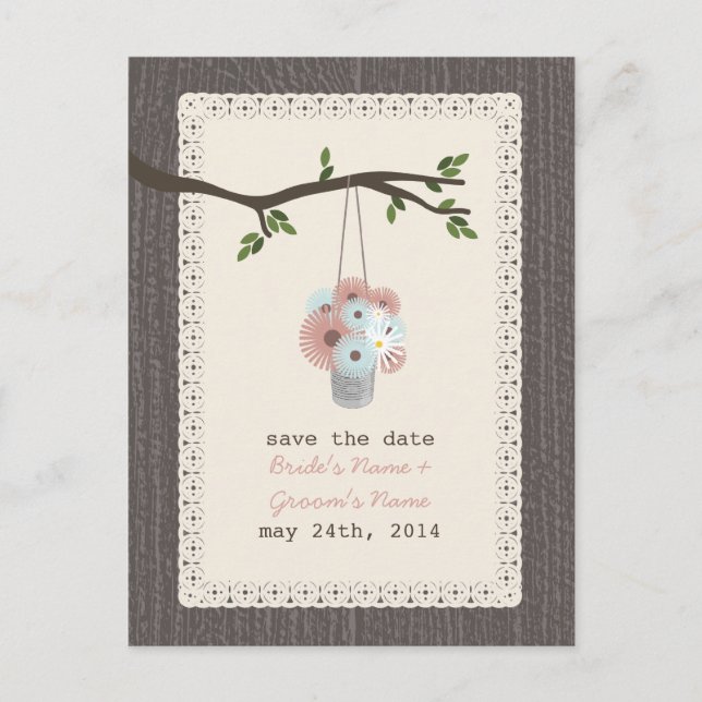 Wood Inspired Can Of Daisies Save The Date Announcement Postcard (Front)