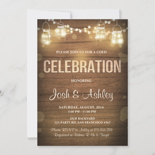 Wood invitation celebration BBQ Rustic Lights (Front)