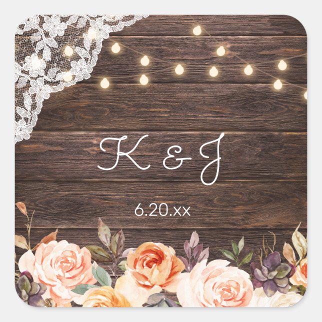 Wood Jean Lace, Blush & Peach Floral Monogram Square Sticker (Front)