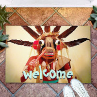 Wood Kachina Doll Funny Face Welcome Typography