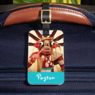 Wood kachina doll photo bold custom name script luggage tag