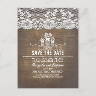 wood lace and mason jars rustic save the date announcement postcard