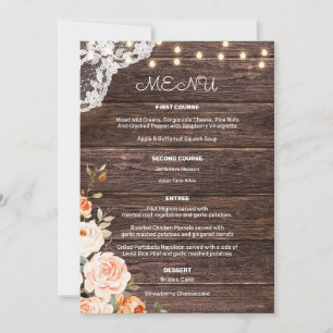Wood Lace Blush & Peach Floral Entree Menu Invitation