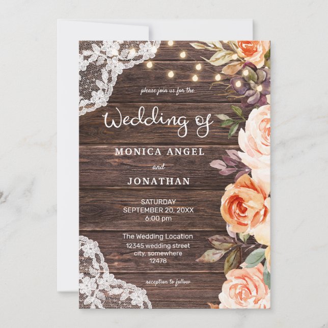 Wood Lace Blush & Peach Floral w/ Lights Invitation (Front)