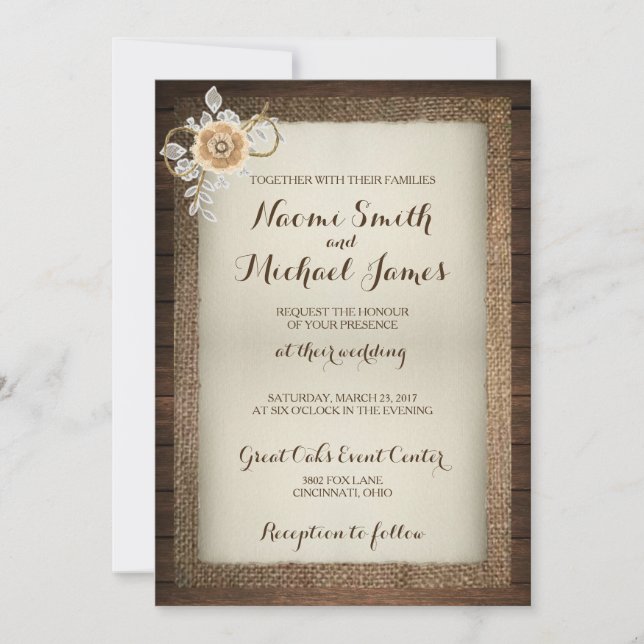 Wood, Lace & Burlap Rustic Wedding Invitation (Front)
