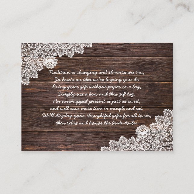 Wood Lace Display bridal shower insert card + tag (Front)