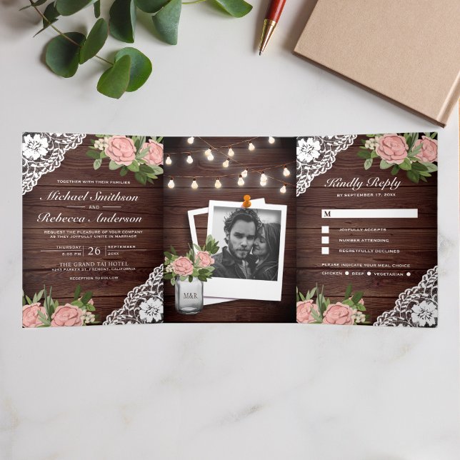 Wood Lace Dusty Pink Rose String Lights Wedding Tri-Fold Invitation (Creator Uploaded)
