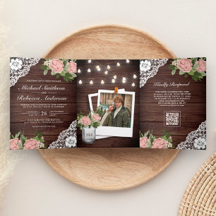 Wood Lace Dusty Rose String Lights QR Code Wedding Tri-Fold Invitation