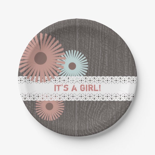 Wood + Lace Inspired Floral Baby Shower Paper Plate (Front)