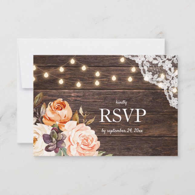 Wood Lace, Lights, Blush & Peach Floral no Meal RSVP Card (Front)