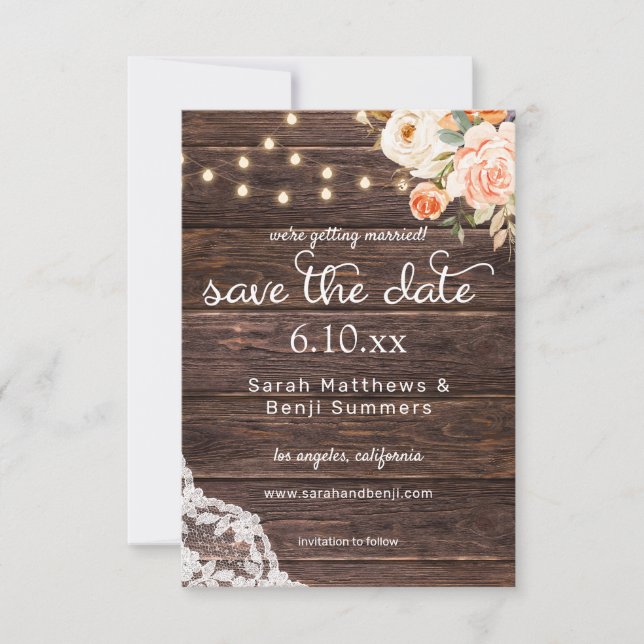 Wood Lace, Lights, Blush & Peach Floral Rustic Save The Date (Front)