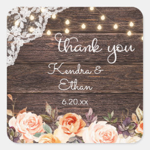 Wood Lace, Lights, Blush & Peach Floral Thank You Square Sticker