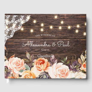Wood Lace, String Lights, Blush & Peach Floral Guest Book