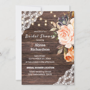 Wood Lace, String Lights, Blush & Peach Floral Invitation