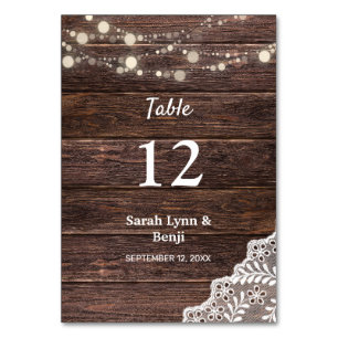 Wood, Lace, String Lights Table Number