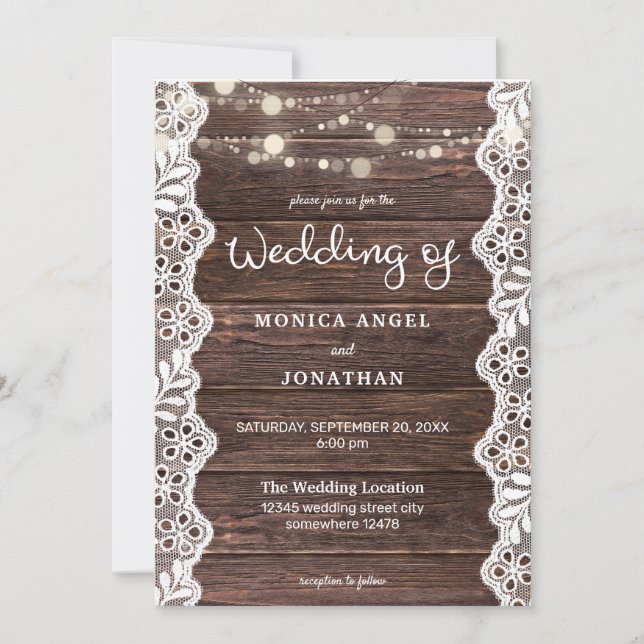 Wood & Lace & String Lights Wedding Invitation (Front)