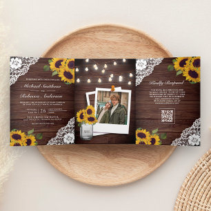 Wood Lace Sunflower String Lights QR Code Wedding Tri-Fold Invitation