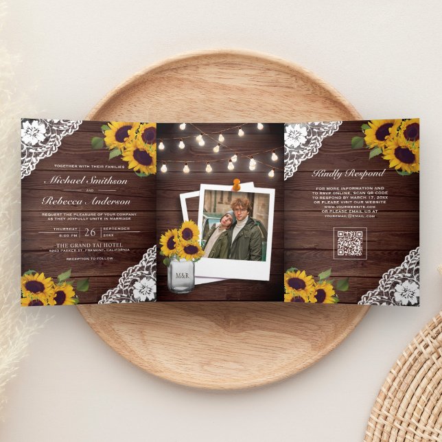 Wood Lace Sunflower String Lights QR Code Wedding Tri-Fold Invitation (Creator Uploaded)