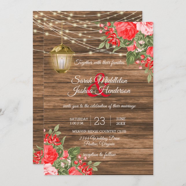 Wood, Lanterns and Red Flower Wedding Invitation (Front/Back)