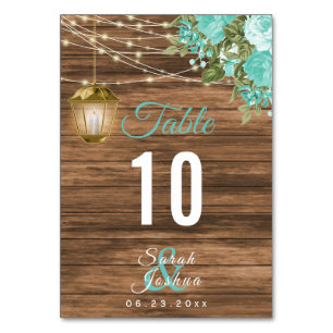 Wood, Lanterns and Teal Flower   Table Cards
