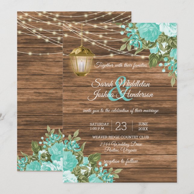Wood, Lanterns and Teal Flower Wedding Invitation (Front/Back)