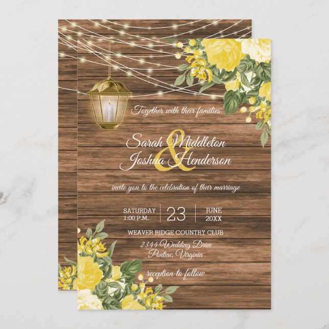 Wood, Lanterns and Yellow Flower Wedding Invitation (Front/Back)