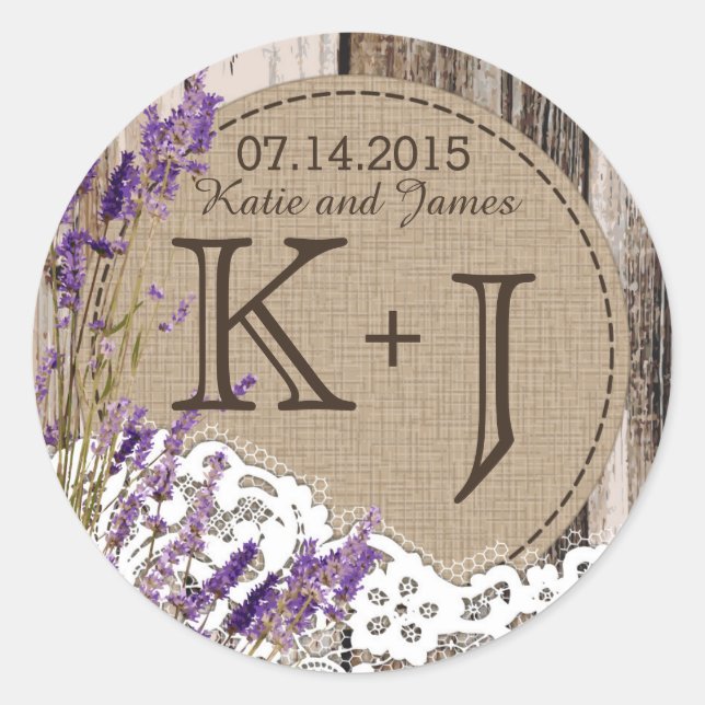 Wood Lavender Lace Rustic Monogram Wedding Label (Front)