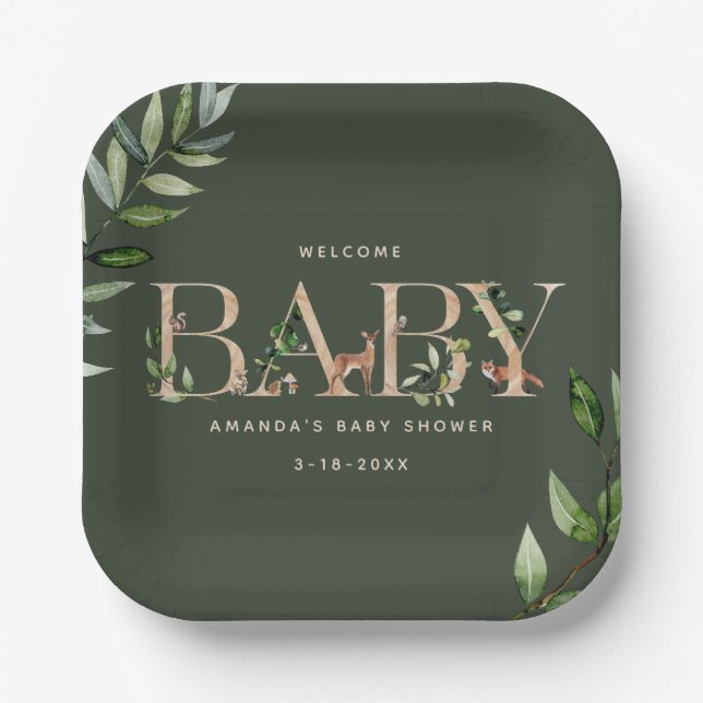 Wood Lettering Forest Animals Baby Shower Paper Plate (Front)