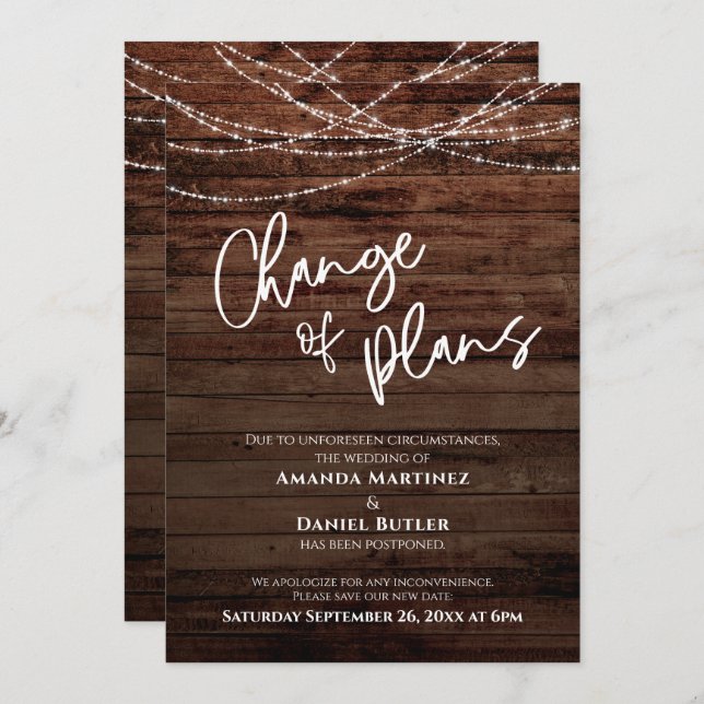 Wood Lights Change of Plans Postponed Wedding Card (Front/Back)