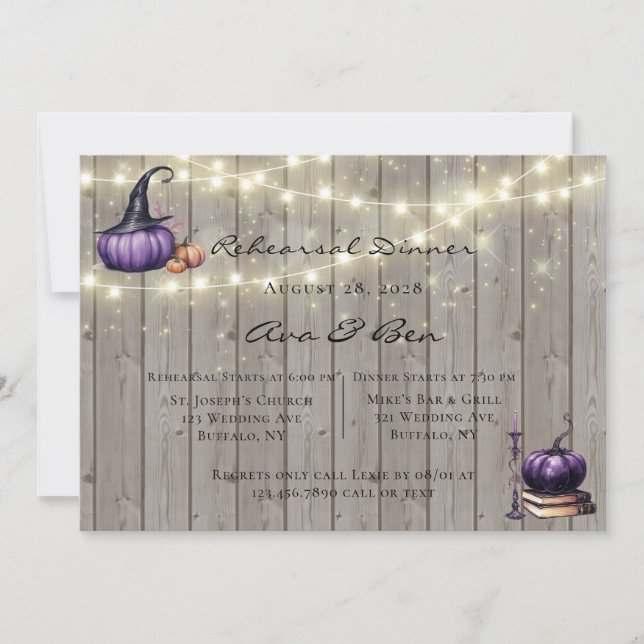 Wood Lights Purple Pumpkin Rehearsal Dinner Invitation (Front)