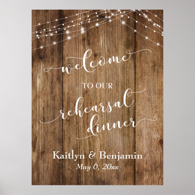 Wood & Lights Rehearsal Dinner Welcome Sign (Front)