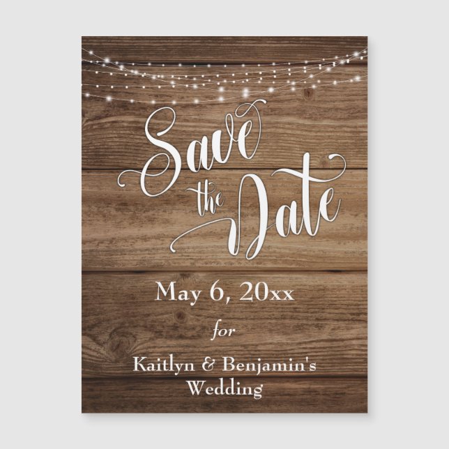 Wood Lights & Script Save The Date Magnetic Card (Front)