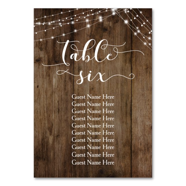 Wood & Lights Table Six with Guest Names Card (Front)