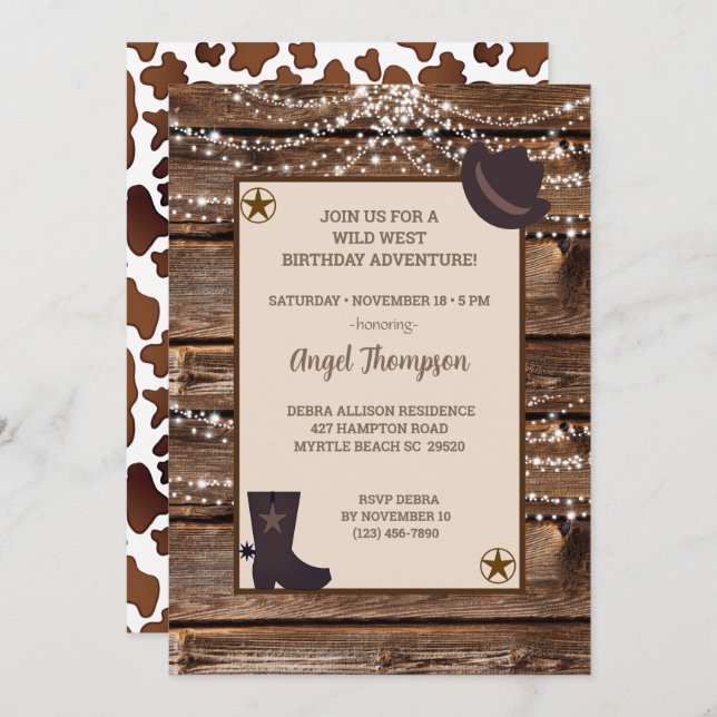 Wood Lights Western Cowgirl Birthday Invitation (Front/Back)