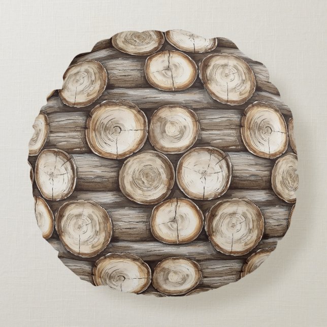 Wood Log Cabin Christmas Round Cushion (Front)