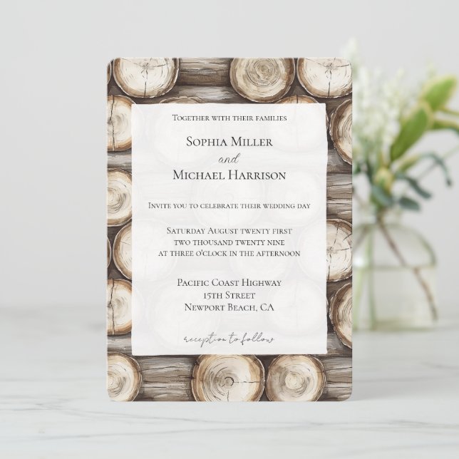 Wood Log Cabin Wedding Invitation (Standing Front)