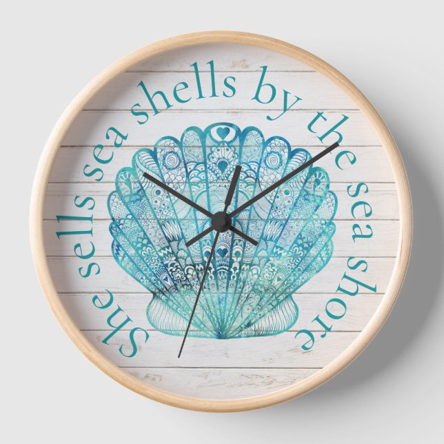 Wood Look Aqua Sea Shell Clock (Front)