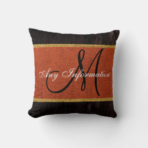 Wood Look Dark Orange Burlap Rustic Monogram Cushion
