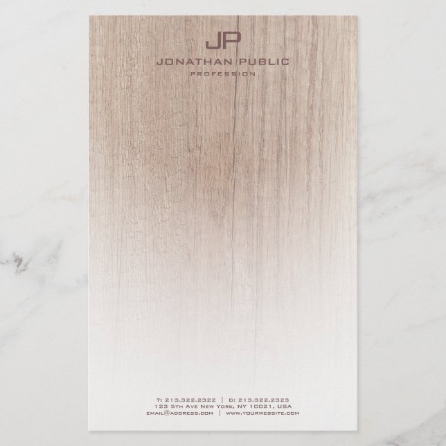 Wood Look Elegant Monogrammed Modern Template Stationery (Front)