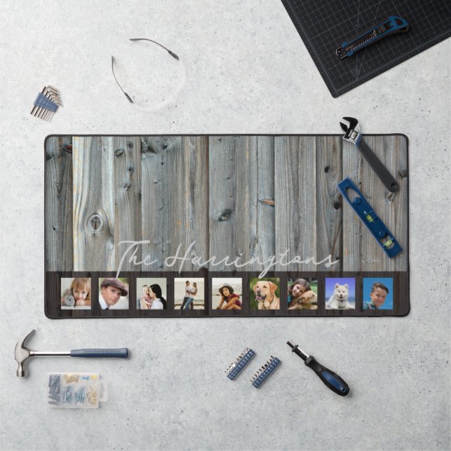 Wood Look Family Name n Photo Collage Desk Mat (Workstation)