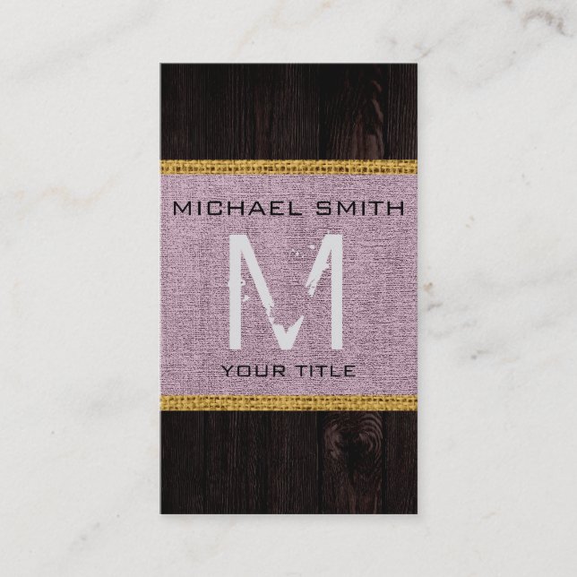 Wood Look Lavender Burlap Rustic Monogram Business Card (Front)