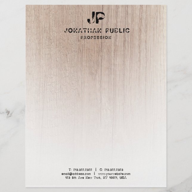 Wood Look Monogrammed Distressed Text Template Custom Letterhead (Front)