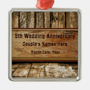 Wood look Personalized 5 year anniversary ornament