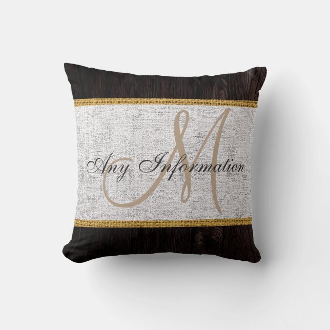 Wood Look White Burlap Rustic Monogram Cushion (Front)